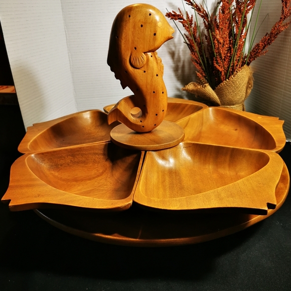 Vintage Wooden Lazy Susan Carved Fish Serving Tray Monkeypod - Picture 3 of 17